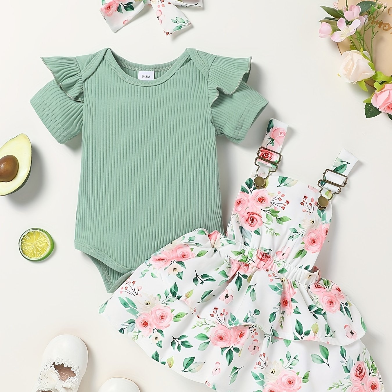 Newborn Baby Girl Summer Floral Romper Dress Outfit Set with Headband and Skirt