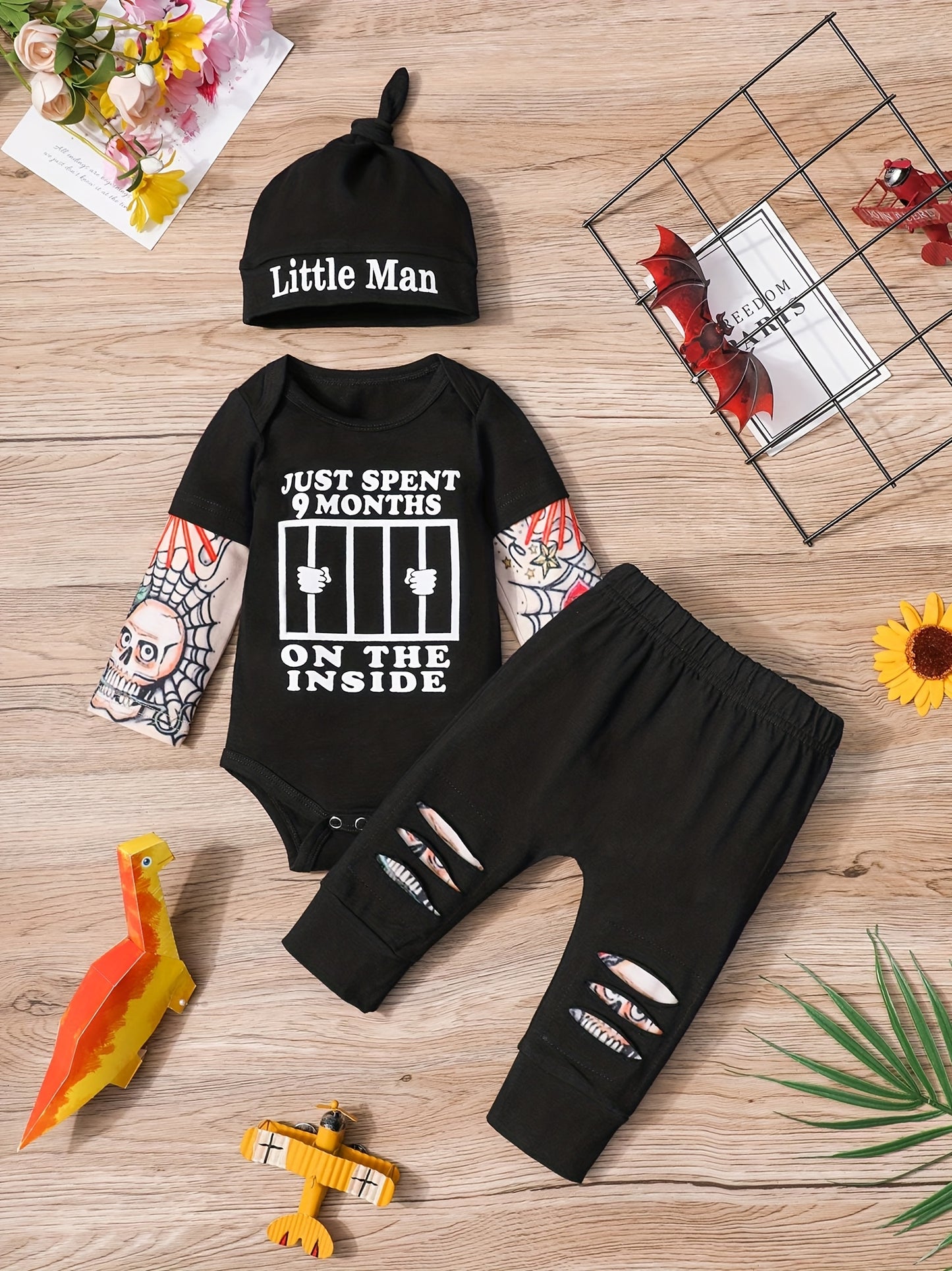 Newborn Baby Boy Tattoo Print Striped Romper Set With Black Pants Three Piece Outfit