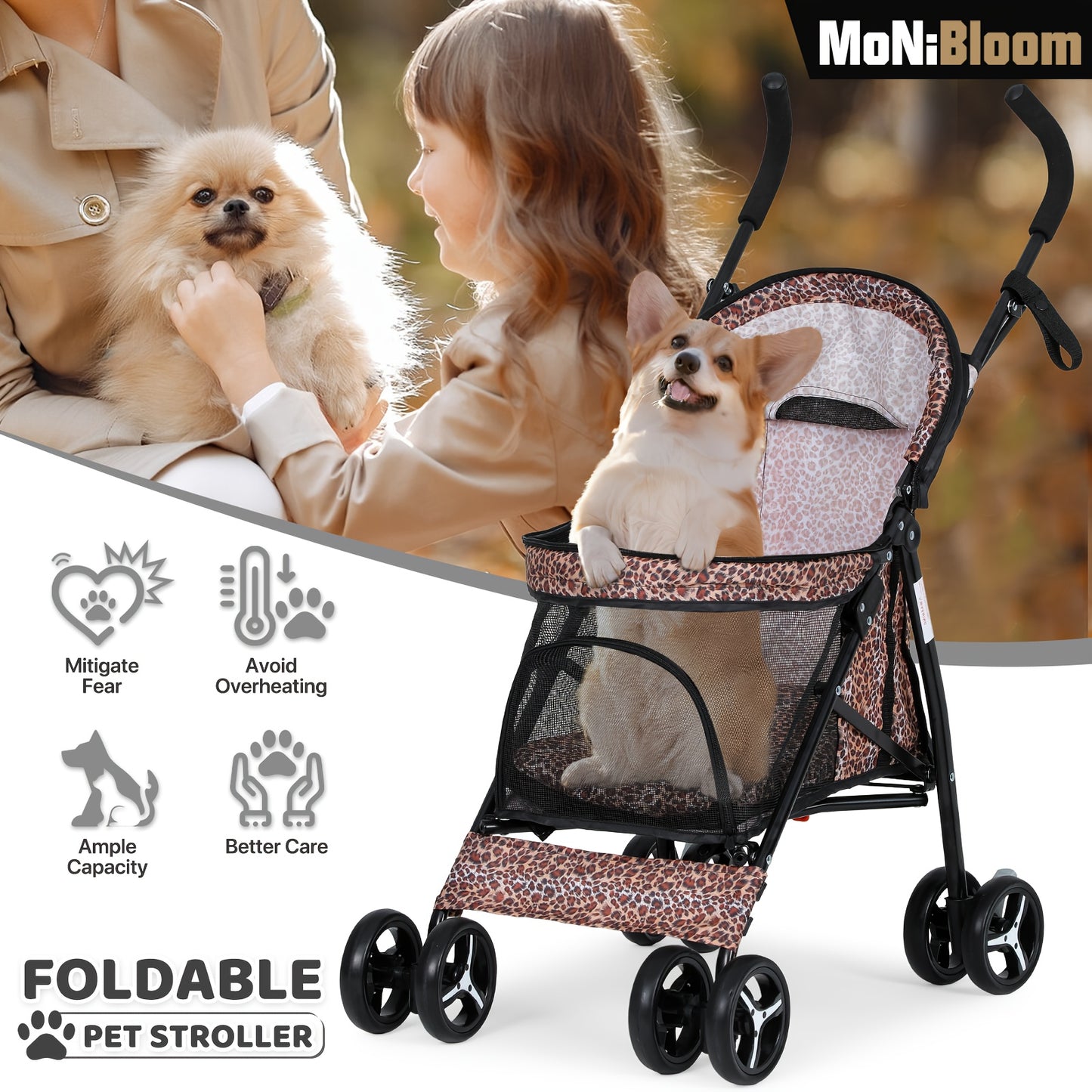 MoNiBloom 4-Wheel Pet Stroller for Small/Medium Dogs up to 22 lbs - Easy-Fold Jogger Stroller with Sun Cover, Breathable Mesh, Rear Storage Bag & Cushioned Pad - Durable Nylon Design for Outdoor Walks & Travel, Visible Mesh P