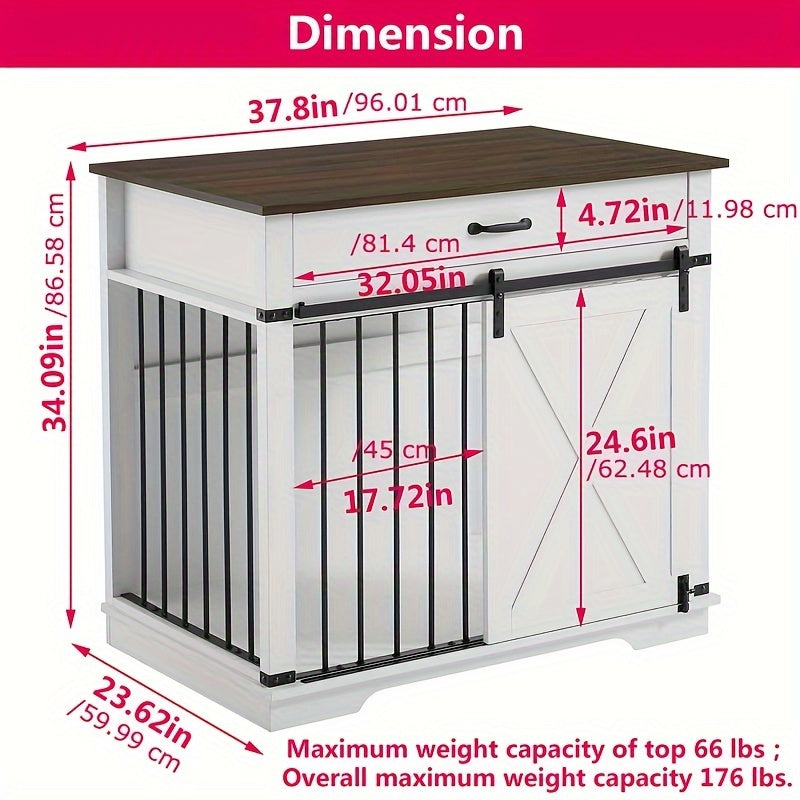 Wooden Dog Crate Kennel End Table with Sliding Barn Door and Convenient Drawer