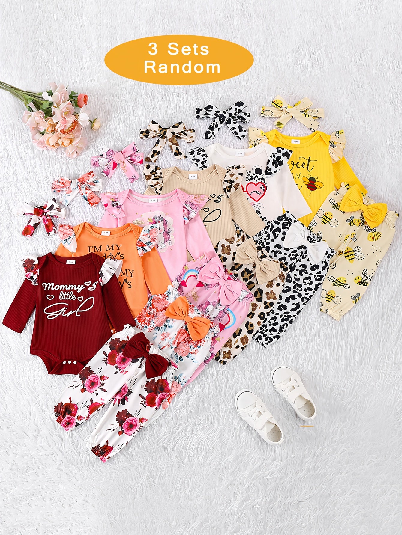 Three Pack Autumn Winter Letter Print Rompers With Pants For Newborn Baby Girl Outdoors