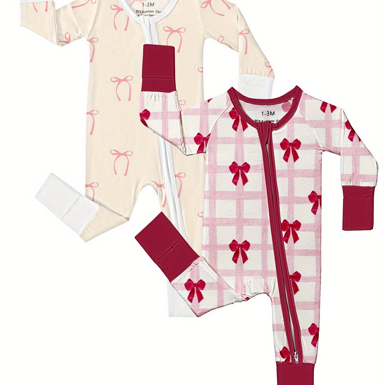 Bamboo Bliss Baby Girl Bodysuit Set – Adorable Bow Print with Double-Sided Zipper