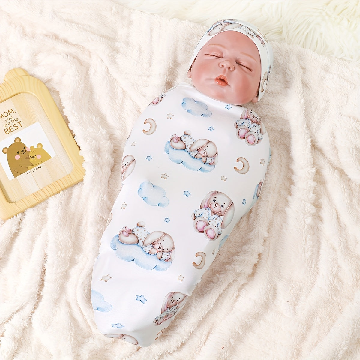 Mommbaby Newborn Thin Swaddle and Hat Cute Cartoon Design Comfortable Sleeping Bag