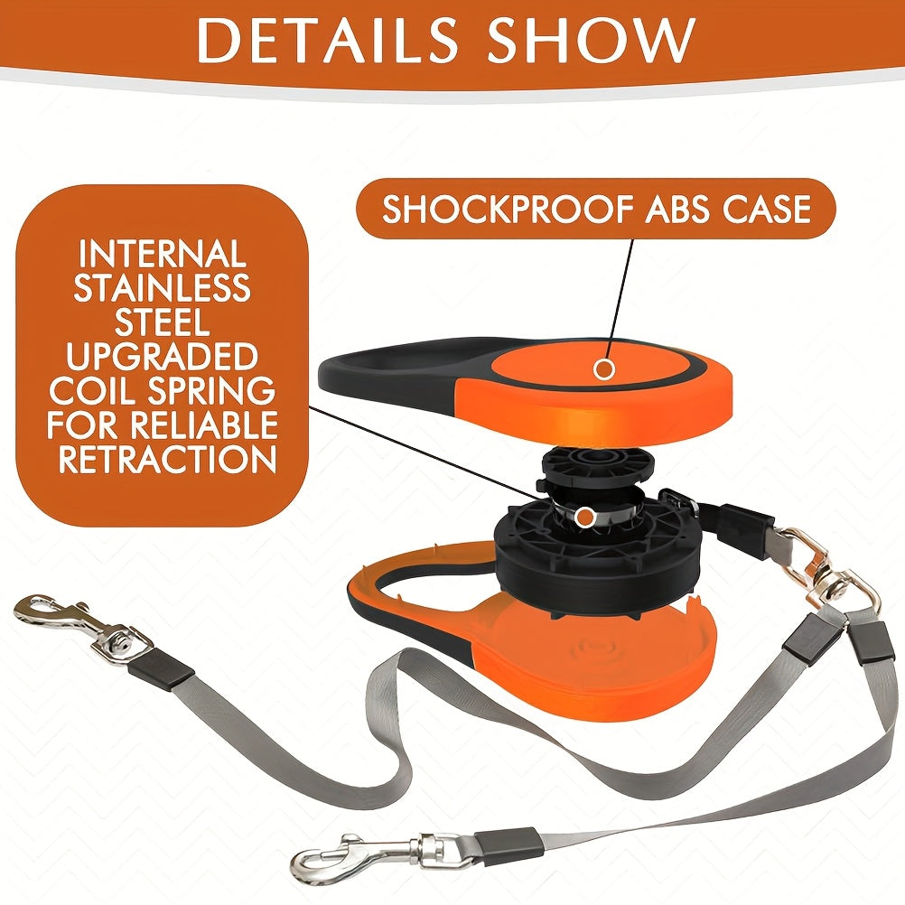 Dual Head Self Retracting Dog Leash for Two Dogs Weighing Up to 110 Lbs, Heavy Duty 16ft. Dual Head Flexible Retractable 360° Tangle Resistant One-Touch Locking Brake Dog Leash for Small Medium Large Dogs