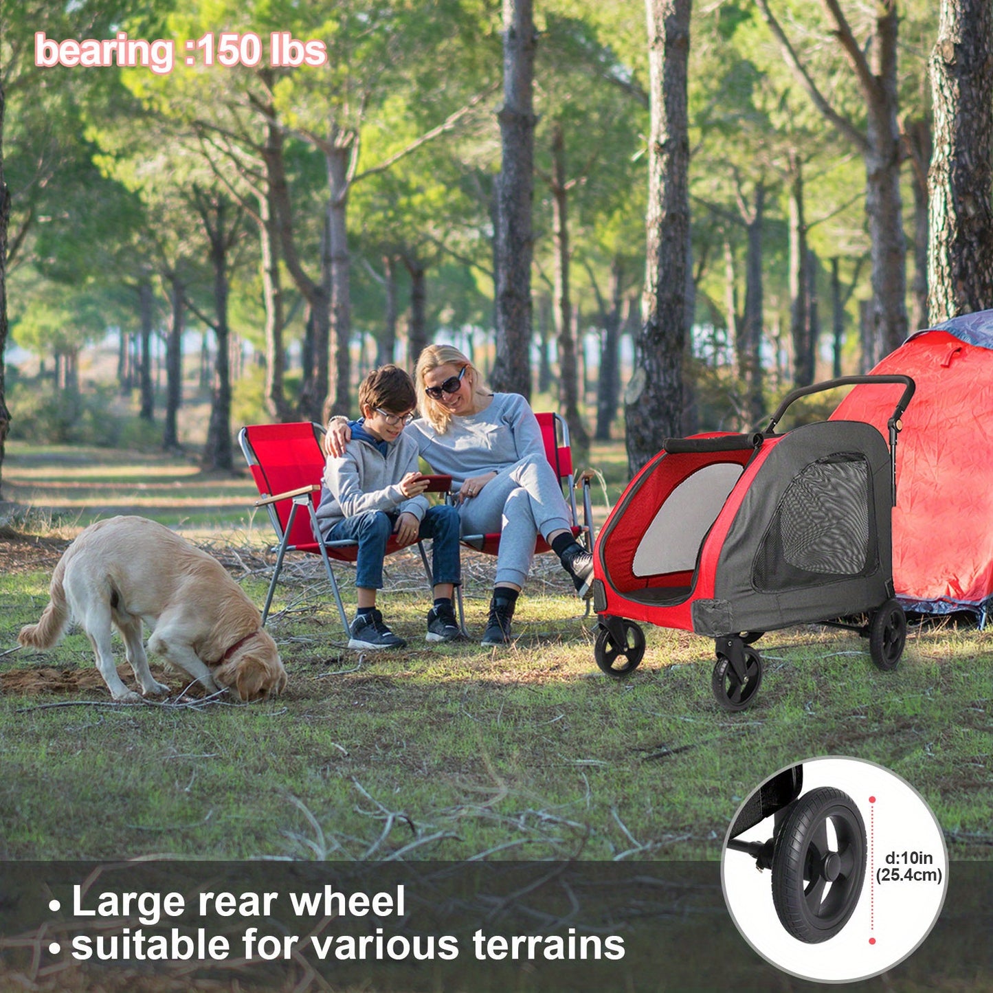 Spacious Pet StrollerRoomy For Pets Up To 120lbs (54kg). 3-sided Mesh For Airflow & Security. 360° Silent Wheels & 3-angle Adjustable Handle For Easy Maneuvering. One-step Fold For Compact Storage.