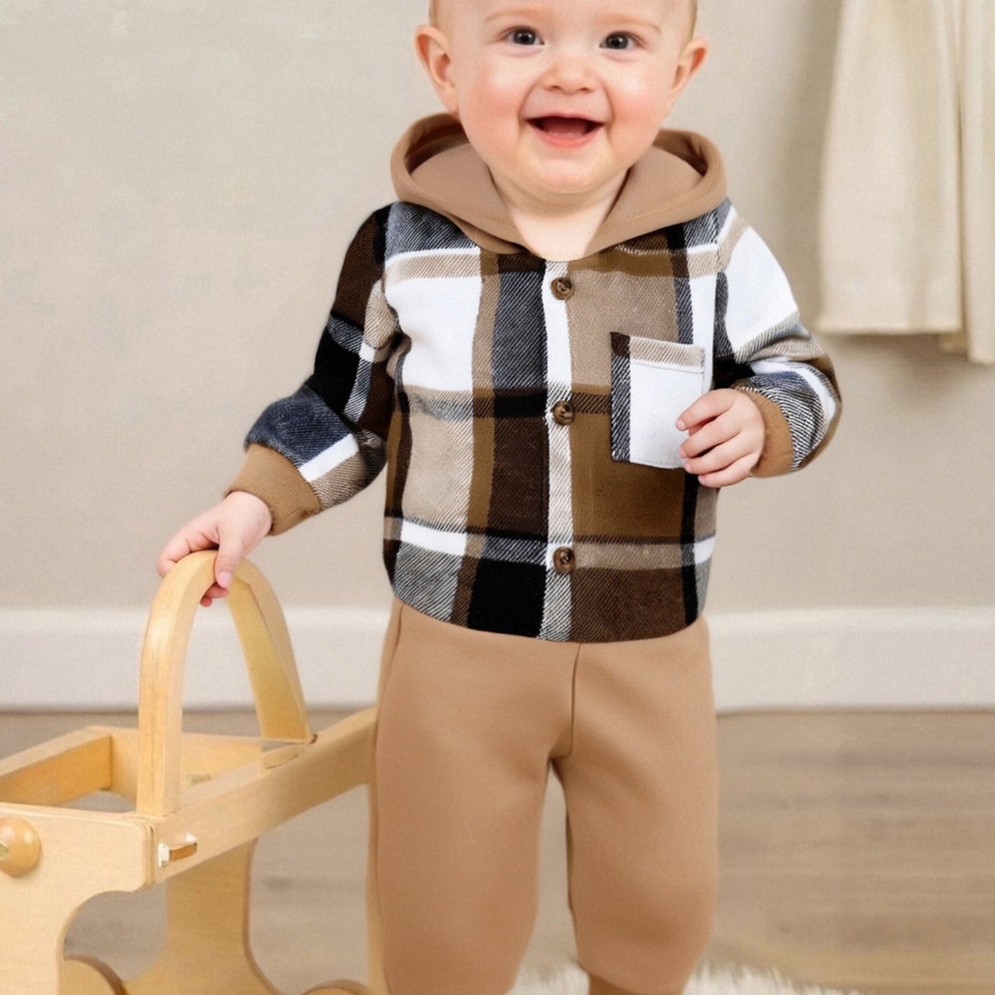 Boy Fall Outfit Two Piece Plaid Long Sleeve Hooded Romper And Elastic Waist Joggers Set For Outdoor Play