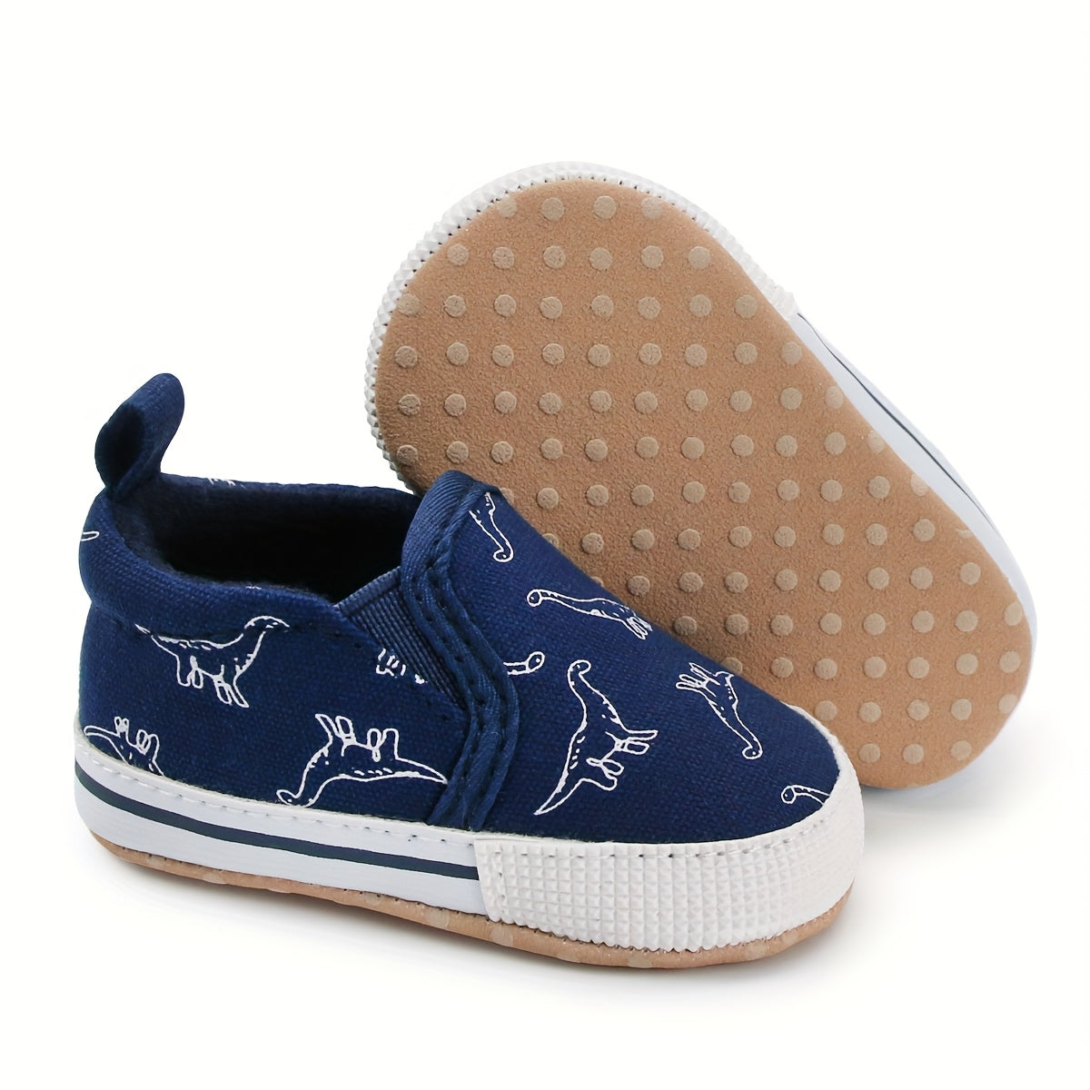 0-3 Months Slip-On Sneakers - Cute Cartoon Dinosaur Pattern Soft Fabric Low-Top Shoes for Indoor Crib Shoes, Spring & Autumn Daily Wear (Navy/White), Shoes