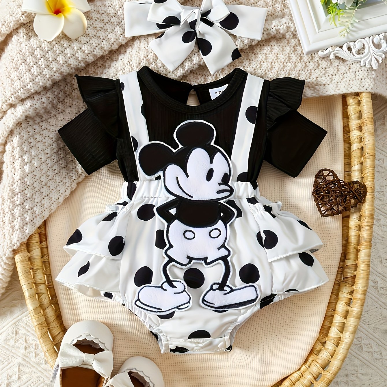 2pcss Set Of Baby Girl Fake, 2pcss Short Sleeved Short Sleeved Polka Dot Suspender Jumpsuit, Cartoon Mouse Embroidery 3D Doll Jumpsuit, Pants Set For Baby Girl'S Clothes, for Outdoor