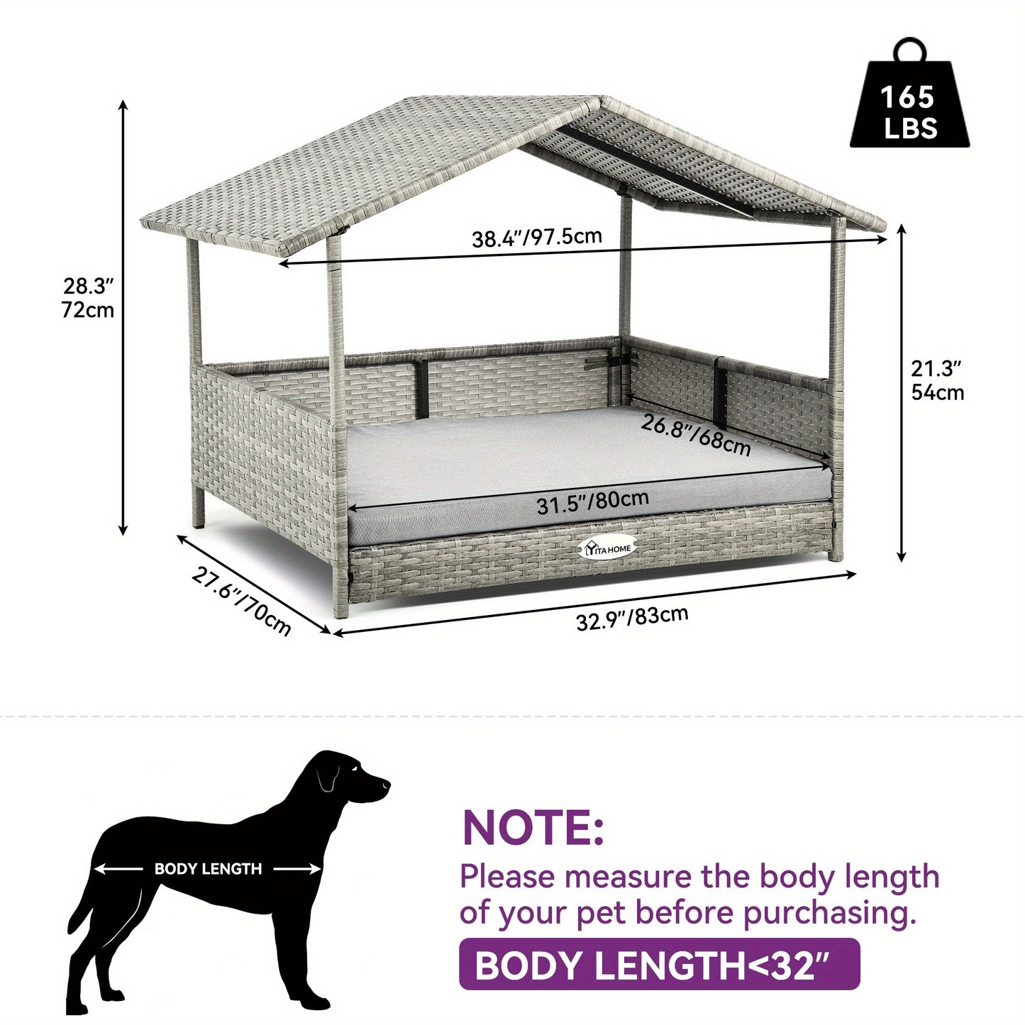 Large Wicker Dog House with Cushion Elevated Rattan Canopy for Indoor and Outdoor Use