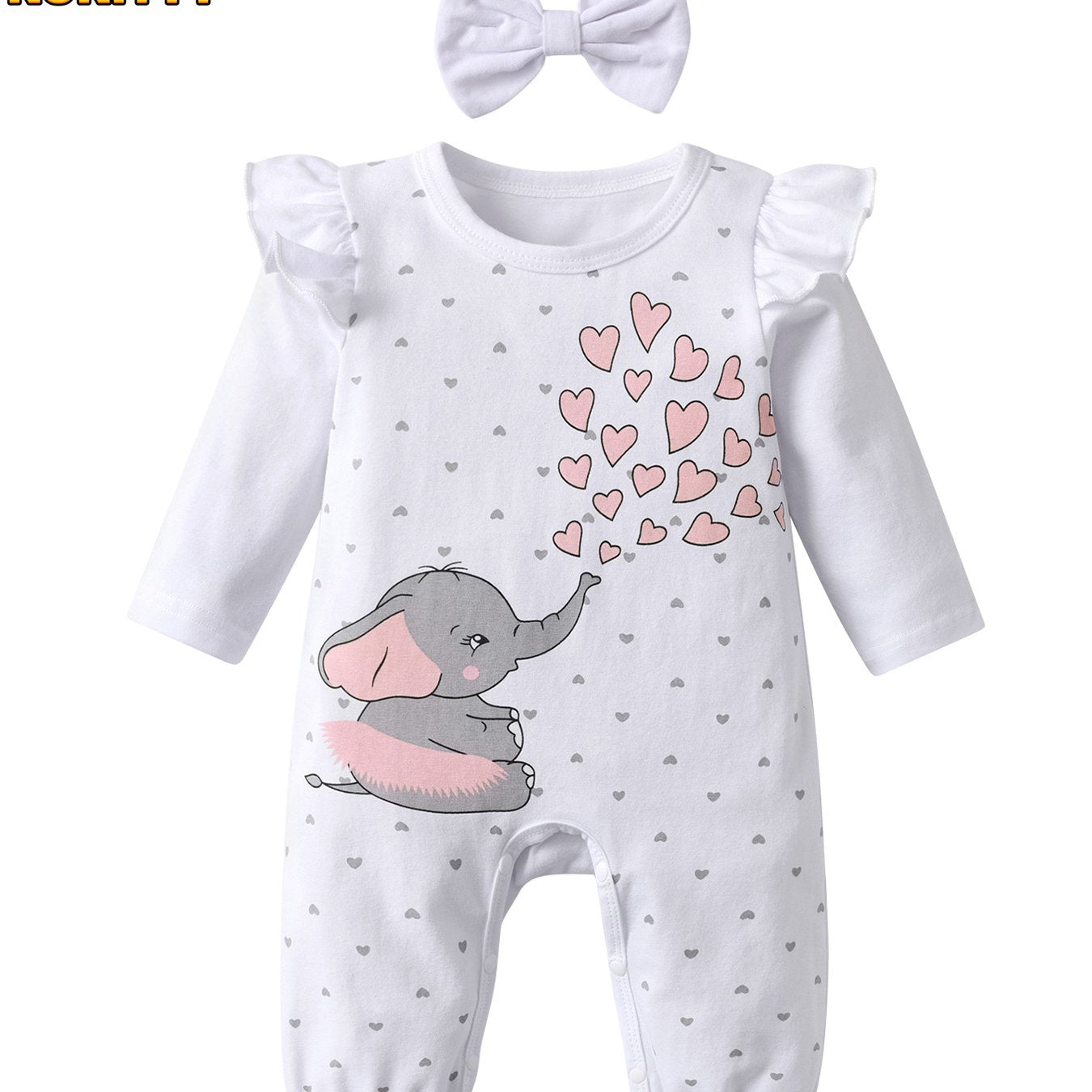 KuKitty Elephant Print Long Sleeve Baby Girls Romper Jumpsuit With Headband For Outdoor Wear 0 To 12 Months