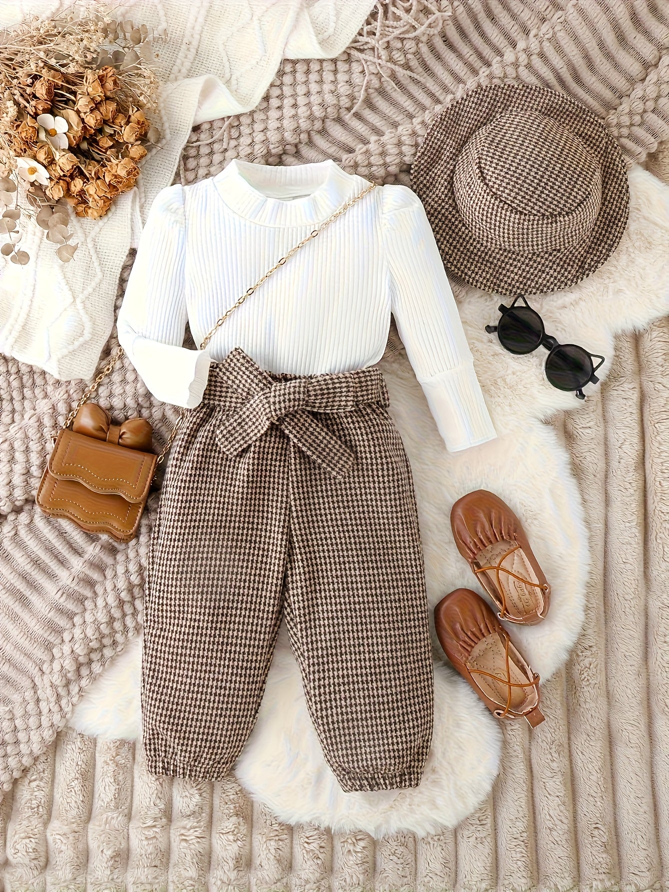 Autumn Winter Baby Girl Knit Set With Checkered Pants Hat