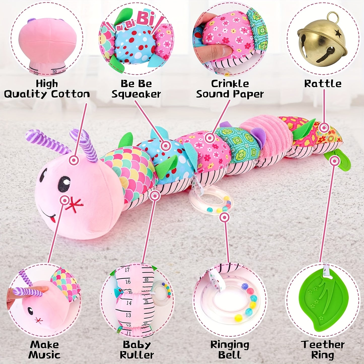 5pcs Infant Baby Musical Stuffed Animal Toys with Rattle and Multi-Sensory Textures