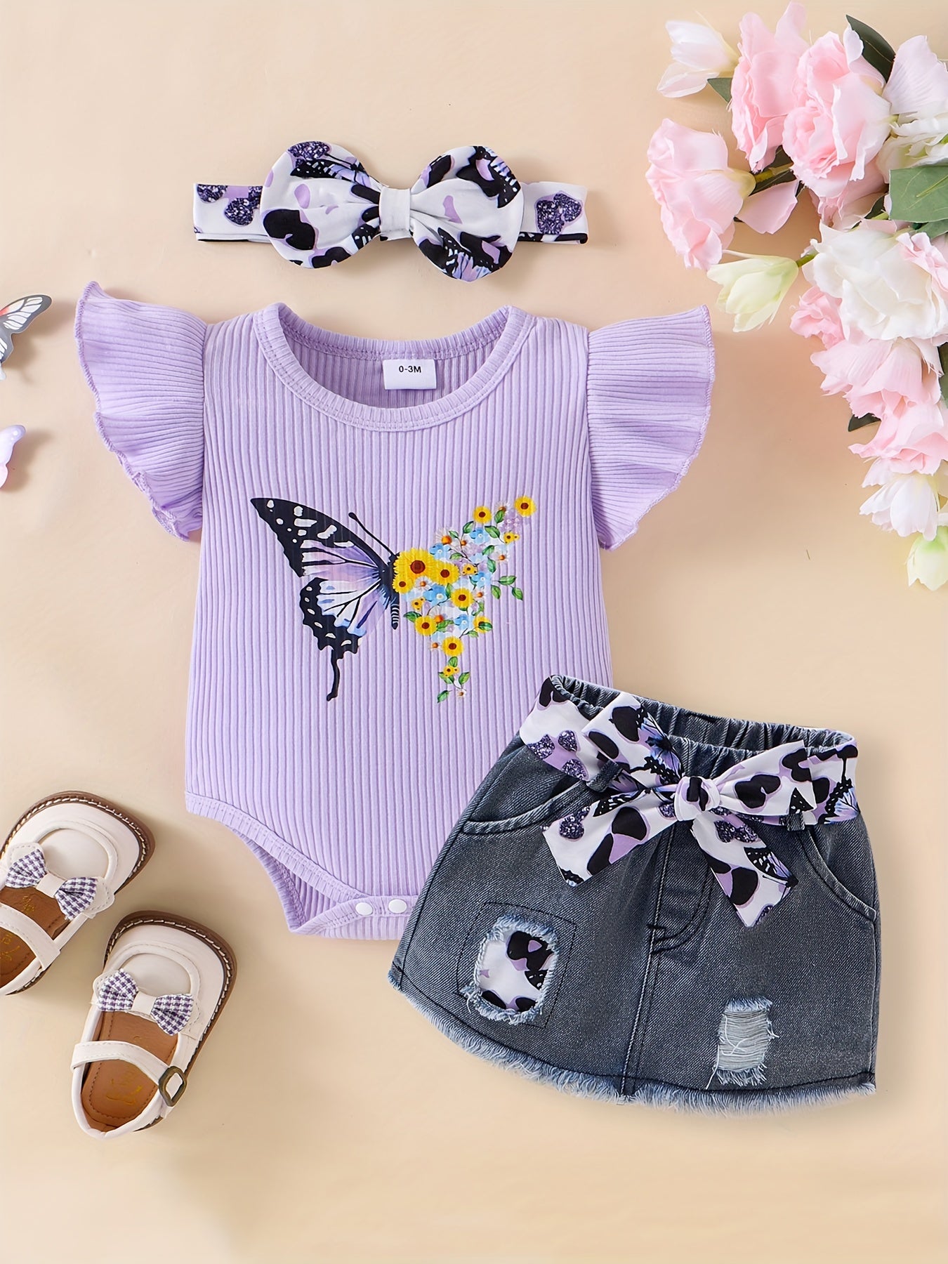 CETEPY Youngsters Girl Summer Clothes Cute Butterfly Printed Romper + Denim Skirt + Headband 3pcs Shorts Set 0-18 Months