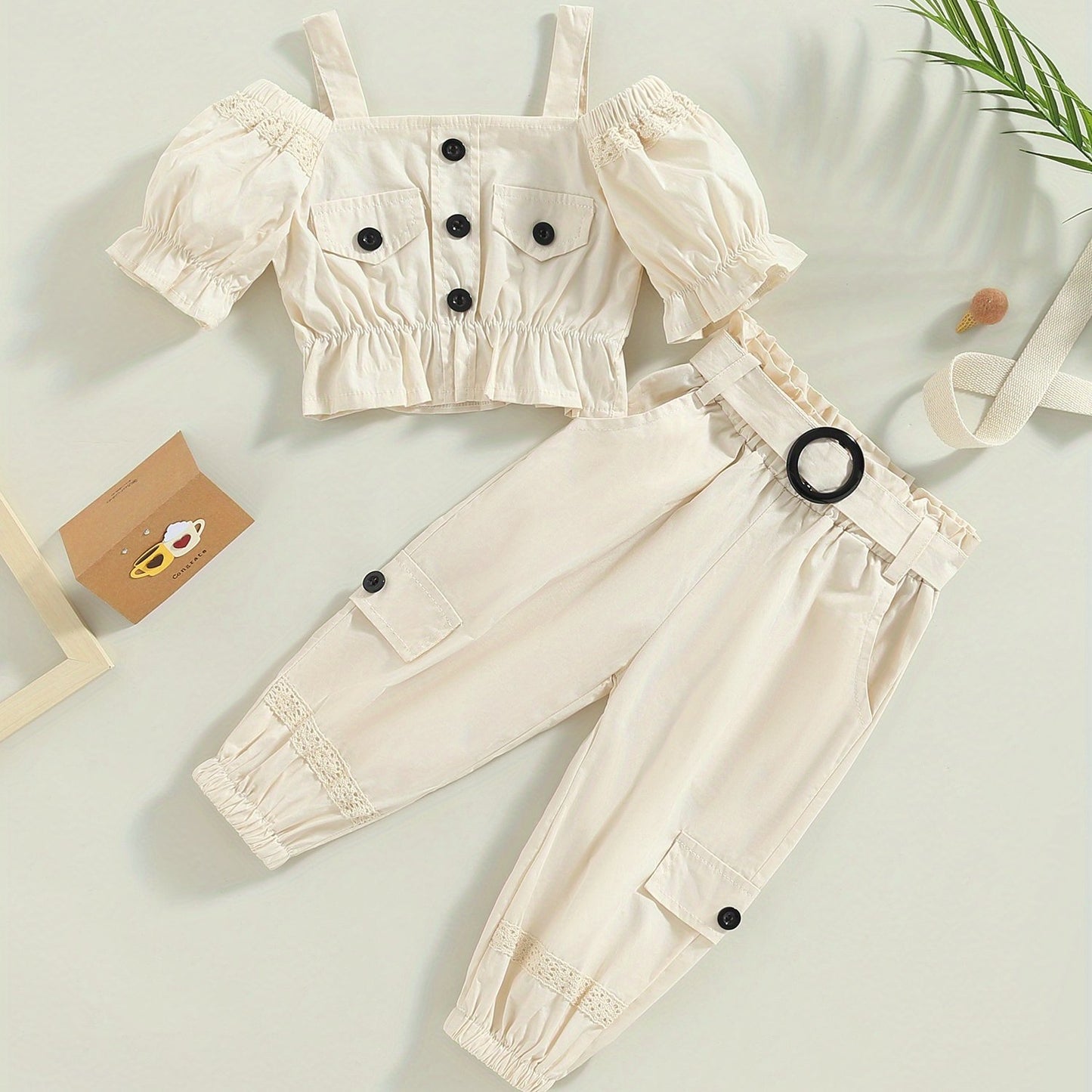 1-6Years Kids Girls 2pcs Summer Outfits, Short Sleeve Cold Shoulder Tops + Cargo Pants Set, for Outdoor