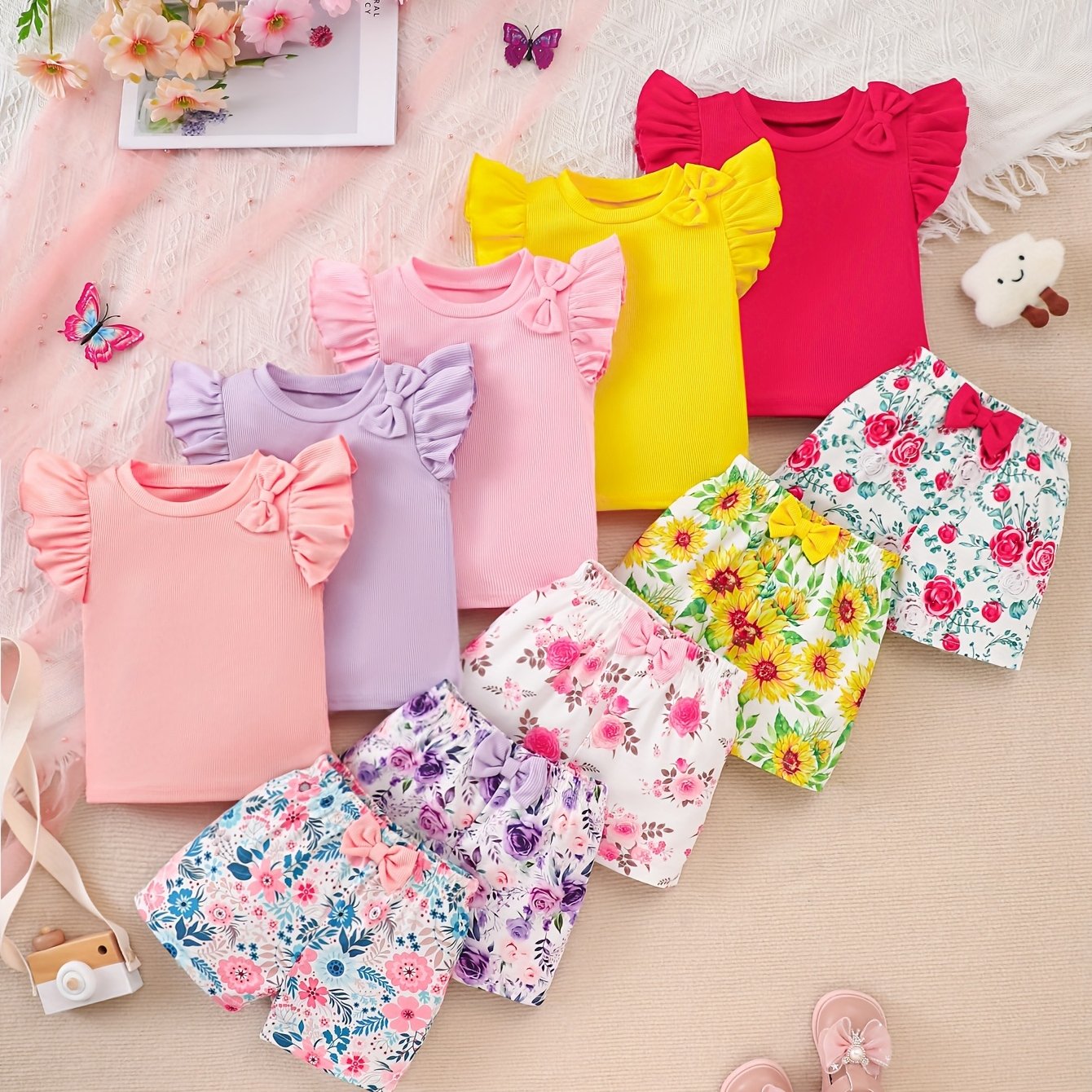 Ten-Piece Set of Girls' Casual Style Purple, Pink, And Red Rose with Yellow Sunflower Print Soft Knit Fabric Flyaway Sleeve Bow Top And Shorts Outfit