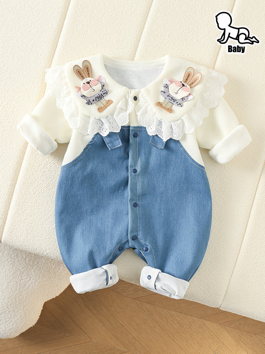 Cute Bunny Baby Girl Bodysuit Denim Lace Trim Long Sleeve