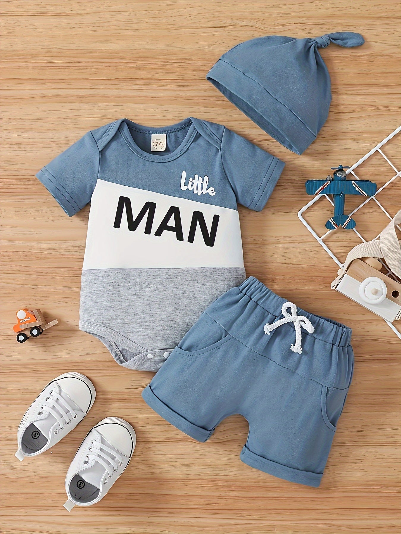 3 pieces of baby boy summer new letter print patchwork jumpsuit shorts and hat set