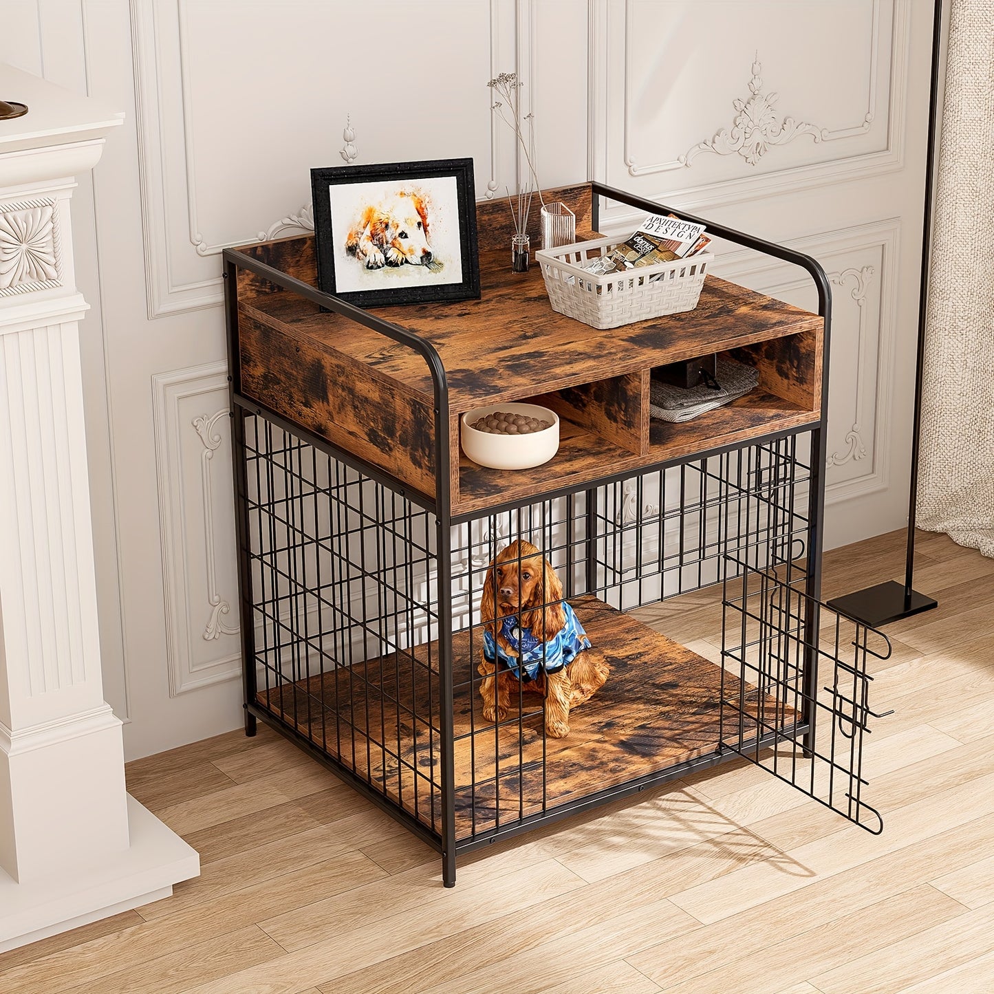 Stylish Dog Crate Furniture for Small Dogs with Drawer Storage and Heavy Duty Metal Frame