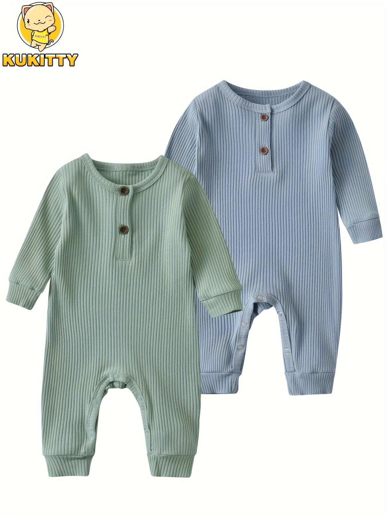 KuKitty Baby Boy Girl 2 Pcs Long Sleeve Solid Color Ribbed Romper Jumpsuit Outfits Clothes