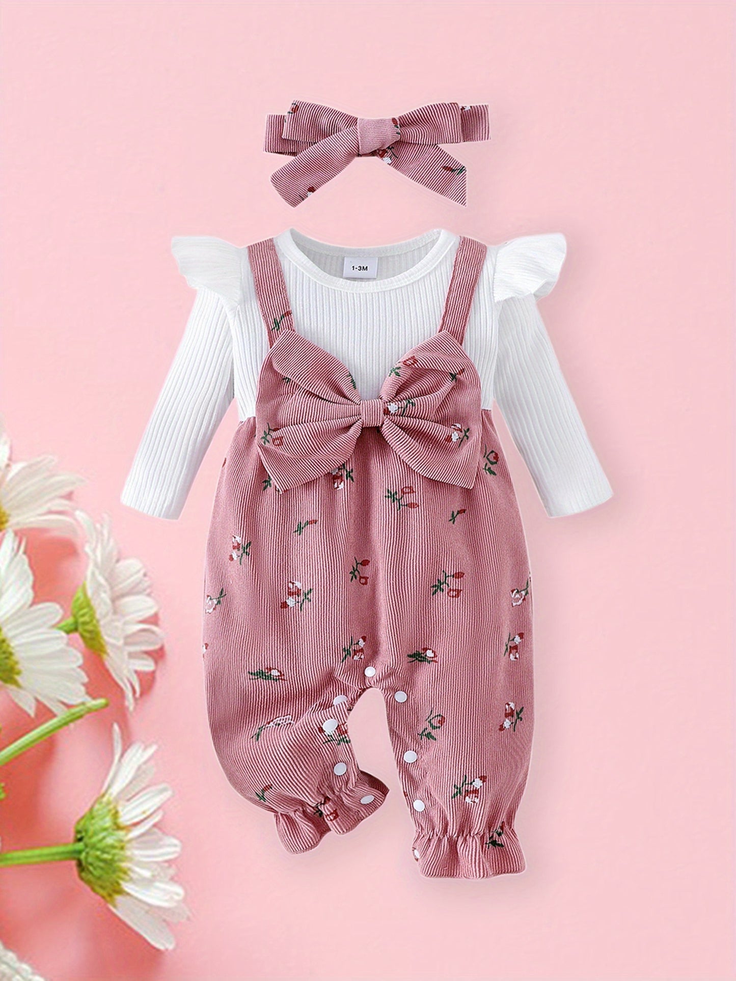 Infant Girls Floral Long Sleeve Romper Set With Headband