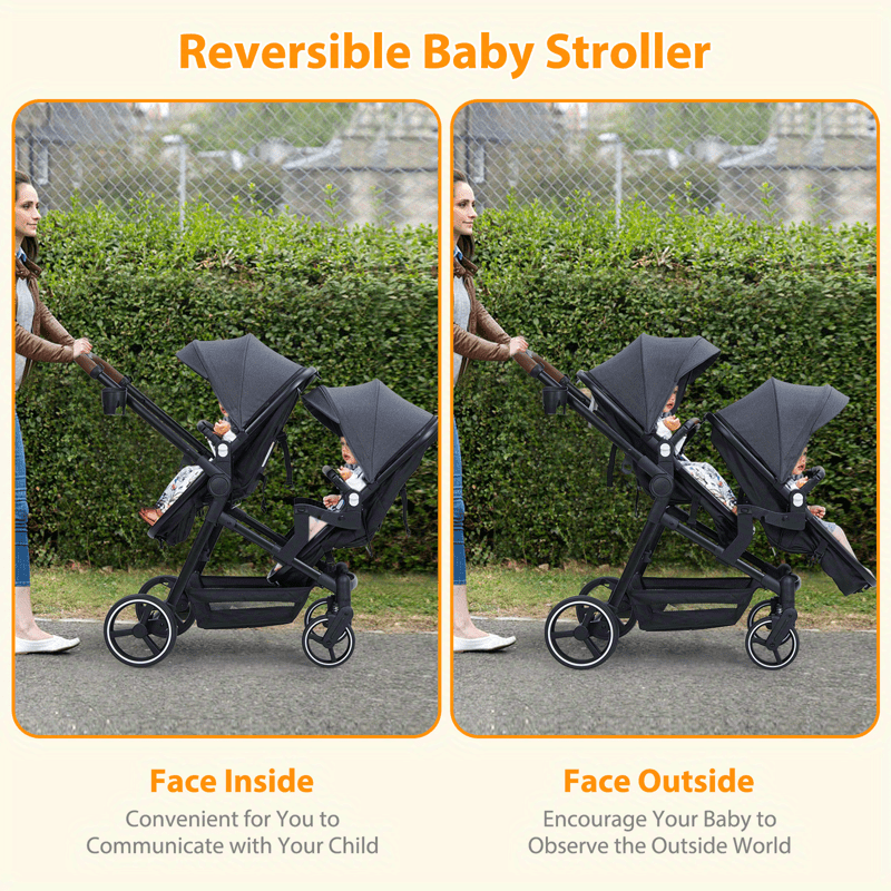 Double Stroller Track Tandem Stroller With Sunshade and Storage Basket Black