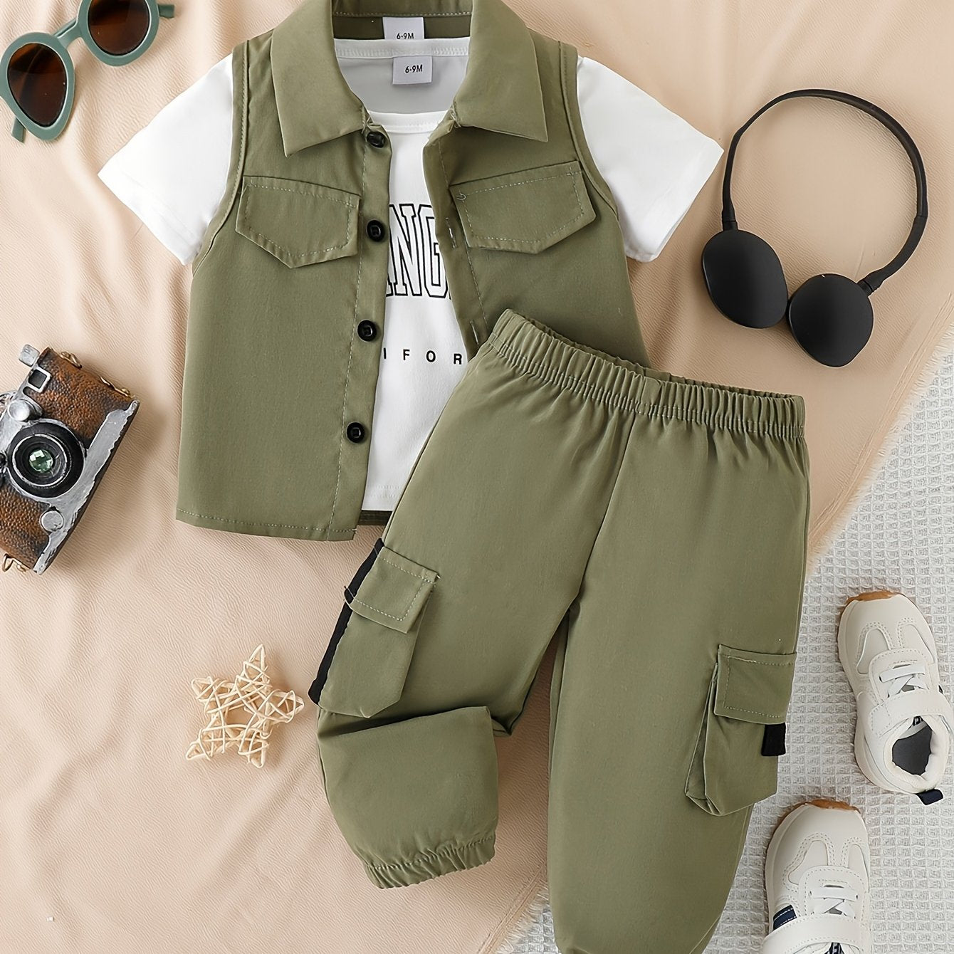 Three-Piece Short Sleeve Set with Letter Prints for Boys Infants Perfect for Spring Summer