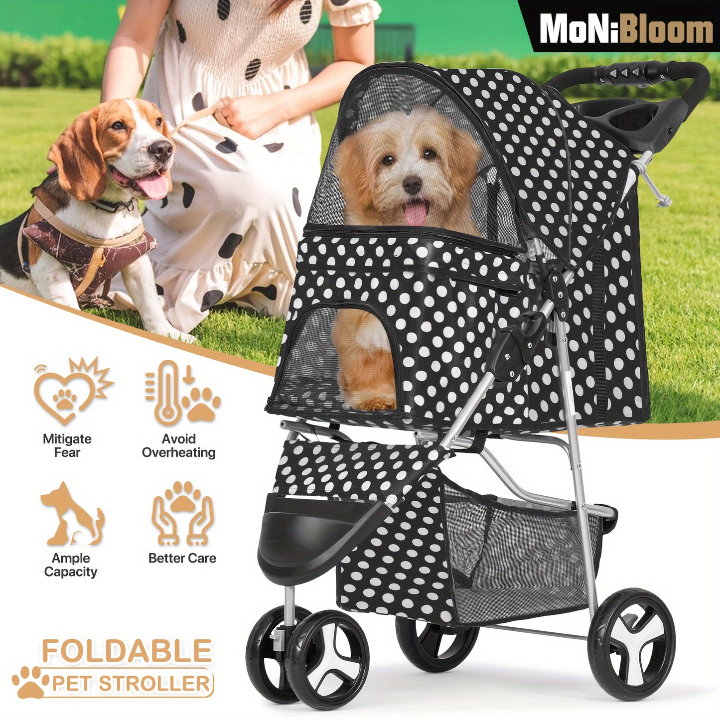 3 Wheels Pet Dog Cat Stroller for Small Medium Dogs Cats - Foldable Jogger Stroller w/Storage Basket and Cup Holder - For Pet Owners - Suitable for Outdoor Walks & Travel - Great Gift for Dog & Cat Lovers