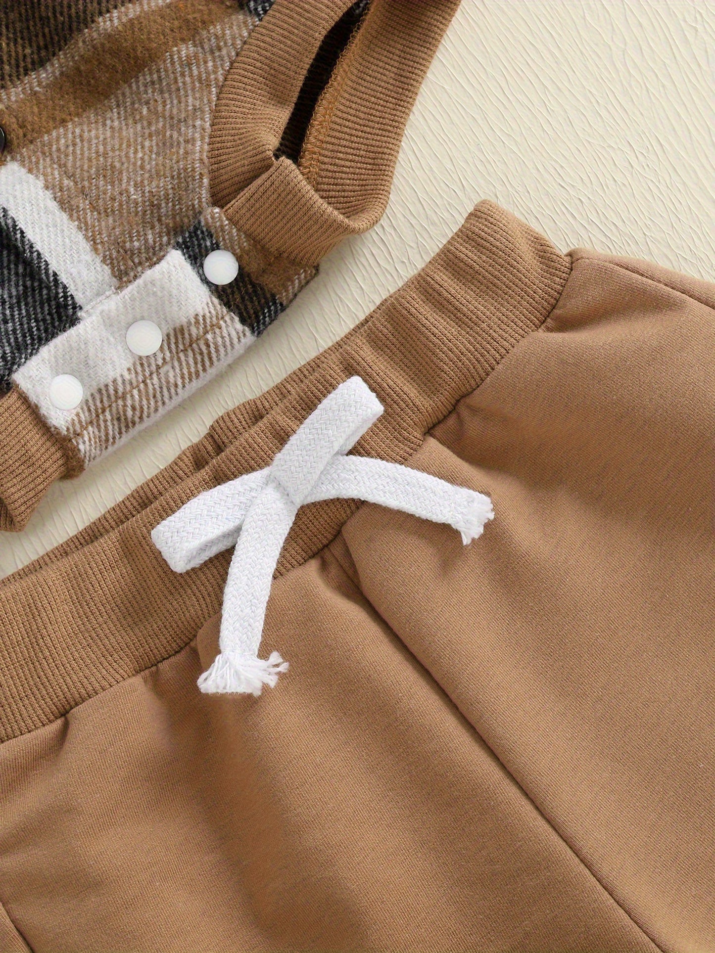 Boy Fall Outfit Two Piece Plaid Long Sleeve Hooded Romper And Elastic Waist Joggers Set For Outdoor Play