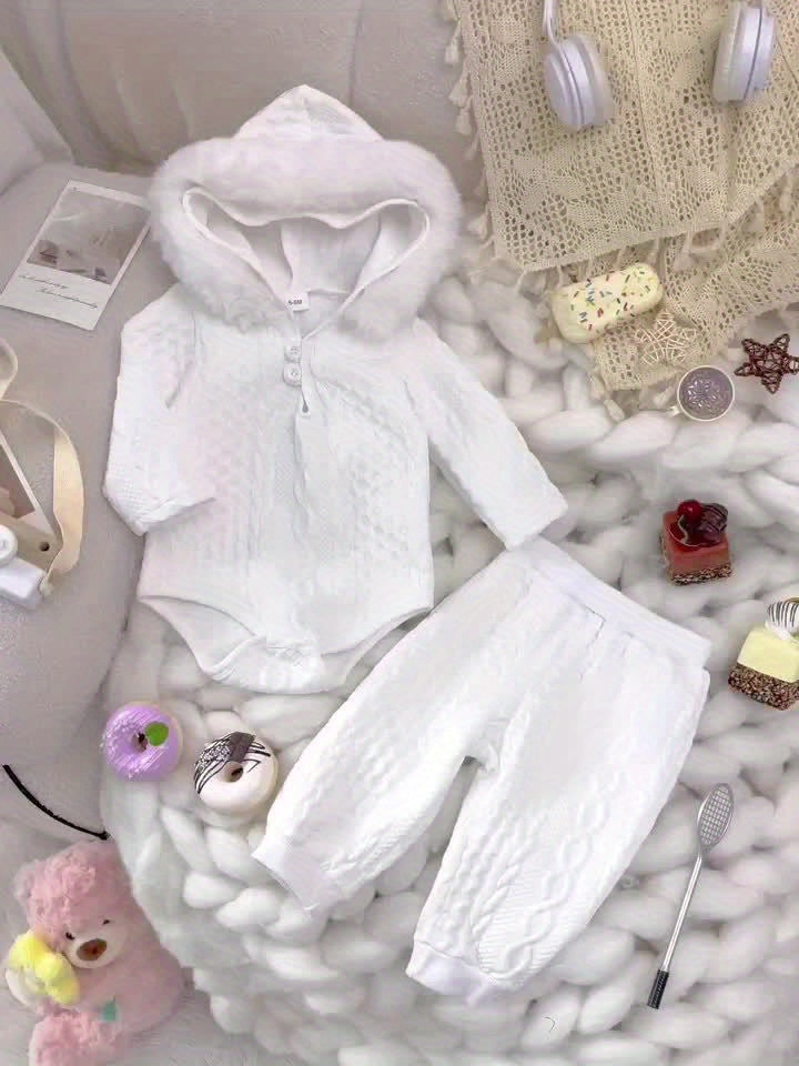 MinKidFashion Cozy Hooded Girls Romper And Pants Set Fall