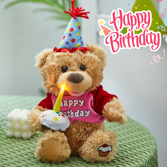 Interactive Birthday Teddy Bear Plush Toy with Music Cupcake and Glowing Candle Gift
