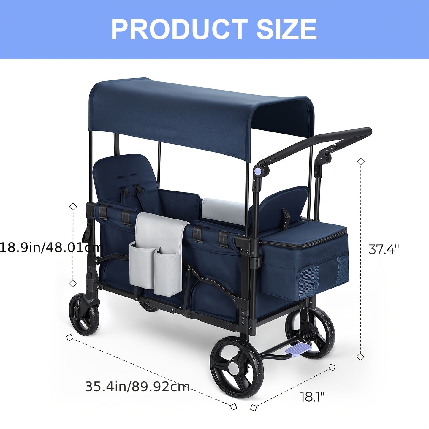 Folding Stroller Wagon Collapsible Wagon For 2 Kids, Baby Wagon Stroller With Adjustable Handle For Infants Toddlers Includes Canopy & Organizer, Foldable Convenient For Storage, Outdoor Garden Beach
