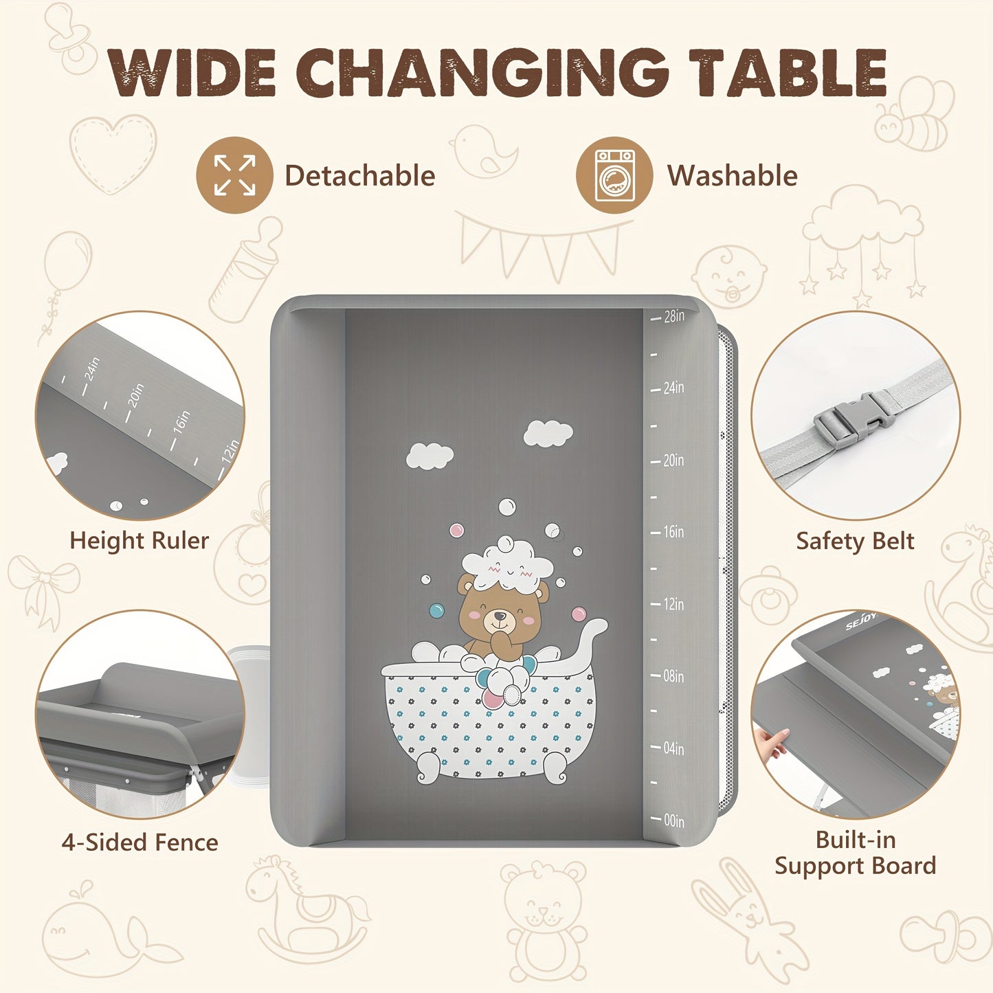 SEJOY Baby Changing Table with Wheels - Adjustable Height Folding Diaper Station, Portable Nursery Organizer & Storage Rack with Wicker Basket, Durable Metal Frame, Gray for Newborns & Infants