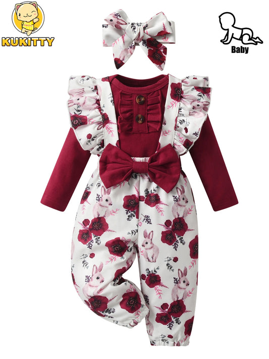 KuKitty Newborn Baby Girl 3 Piece Floral Bow Romper Set With Headband Long Sleeve Outfits