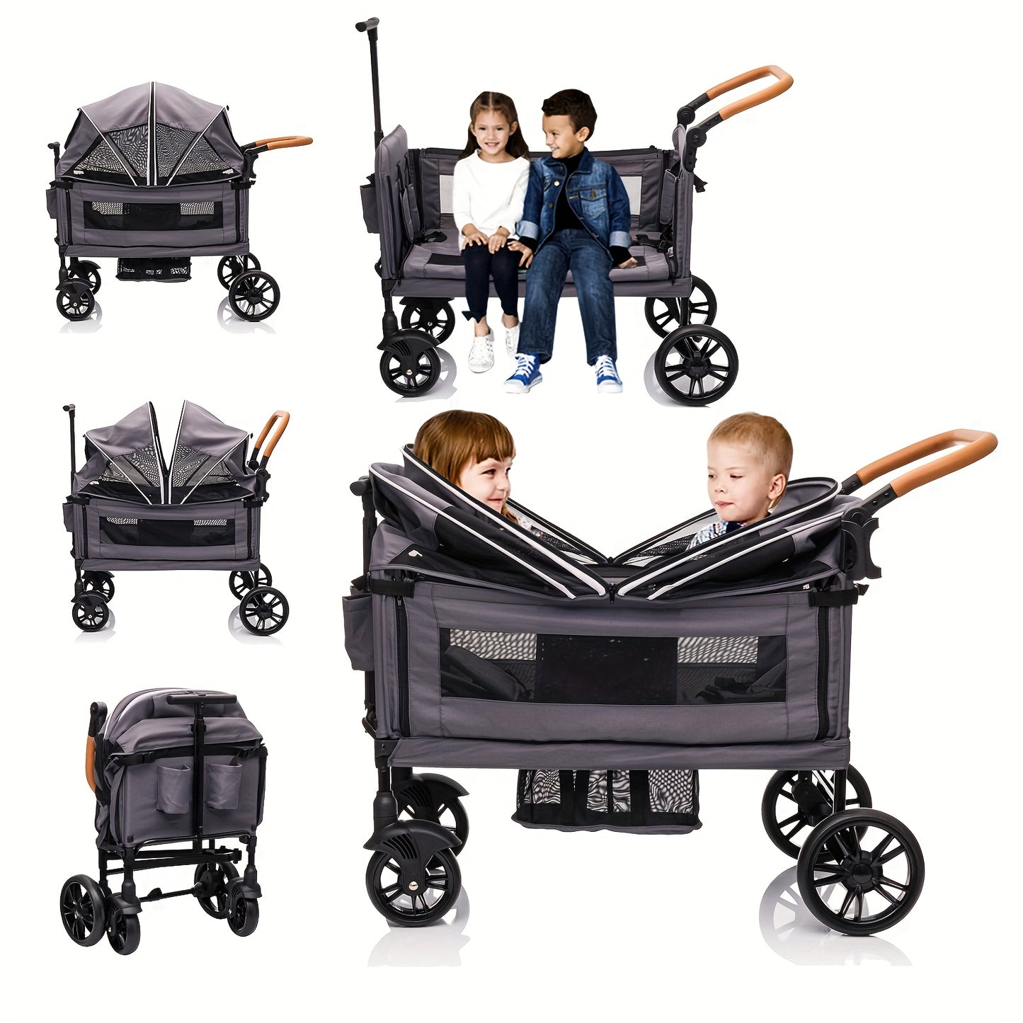 Lightweight Foldable Wagon Stroller for 2 Kids & Cargo Travel - 5-Point Harness, Adjustable Handlebar & Canopy, Tray Table & Cup Holder - Durable Push-Pull Stroller for Newborns & Toddlers (Gray/Black), Travel Stroller, Every