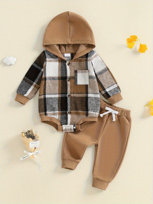 Boy Fall Outfit Two Piece Plaid Long Sleeve Hooded Romper And Elastic Waist Joggers Set For Outdoor Play