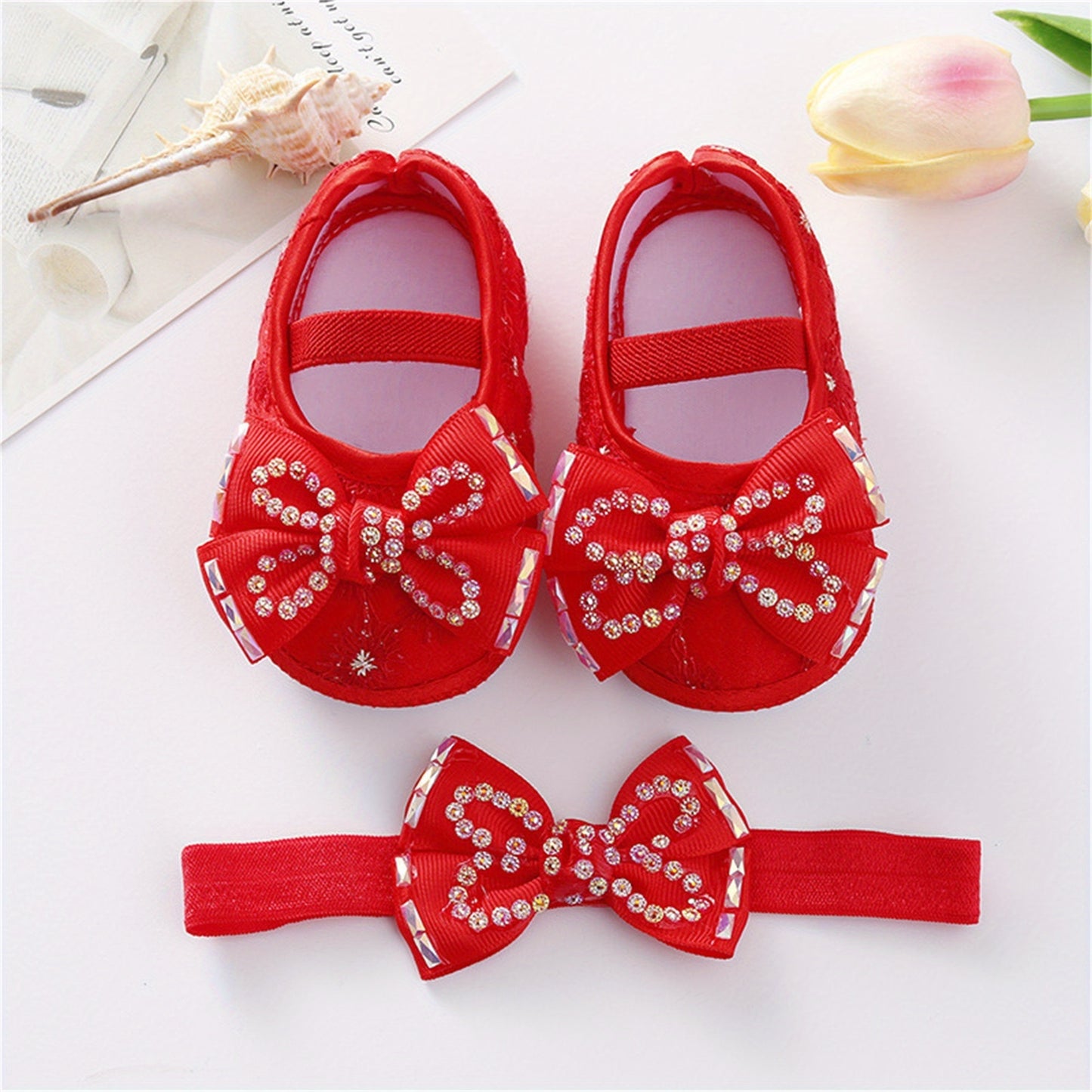 Mary Jane Flats Beaded Bow Princess Shoes Dress Walking Shoes and Headband