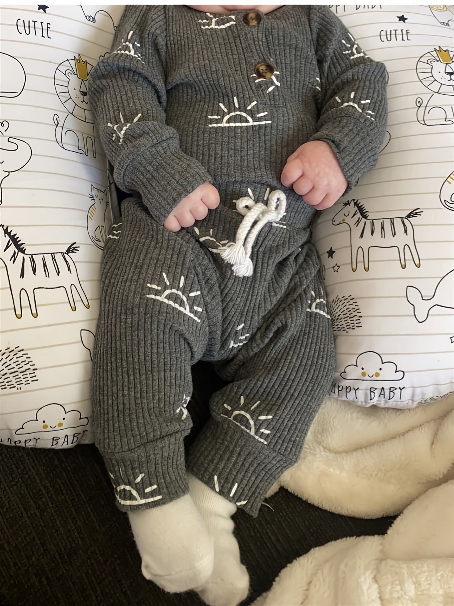 KuKitty Baby Boys Clothes Newborn Ribbed Long Sleeve Romper With Sun Pattern Pants Hat Outfits Set