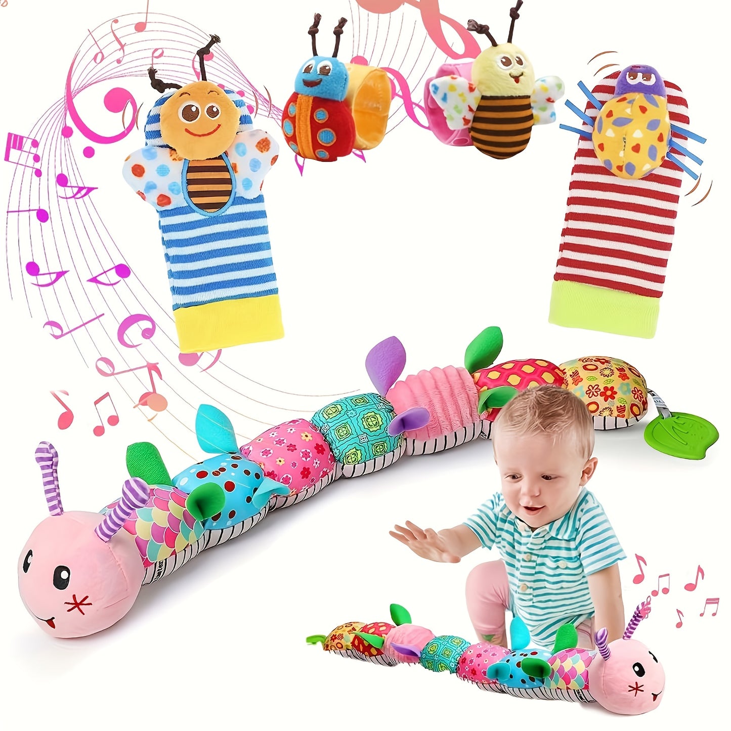 5pcs Infant Baby Musical Stuffed Animal Toys with Rattle and Multi-Sensory Textures