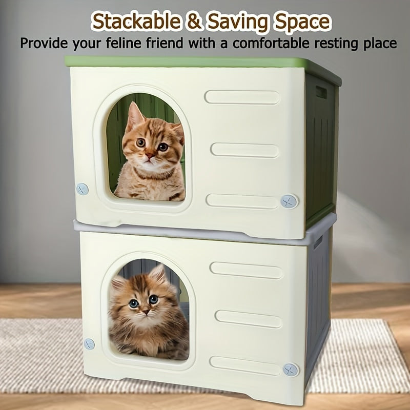 Waterproof Classic Cat House with Mat Indoor Outdoor Plastic Shelter Easy Assembly