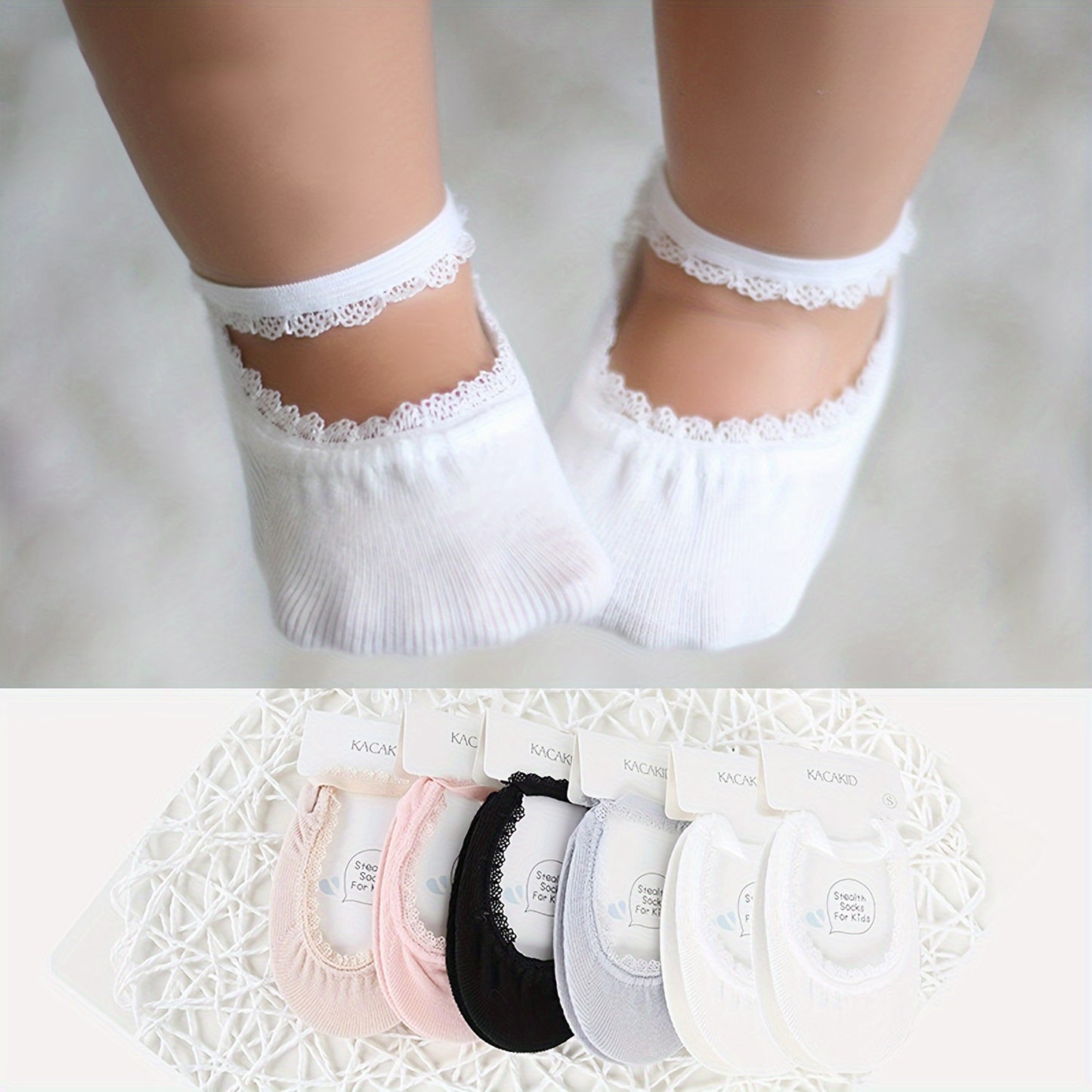 6 Pairs Baby Girls Lace-up Socks Cute Summer Boat Socks Soft Knit for Ages 12 and Under