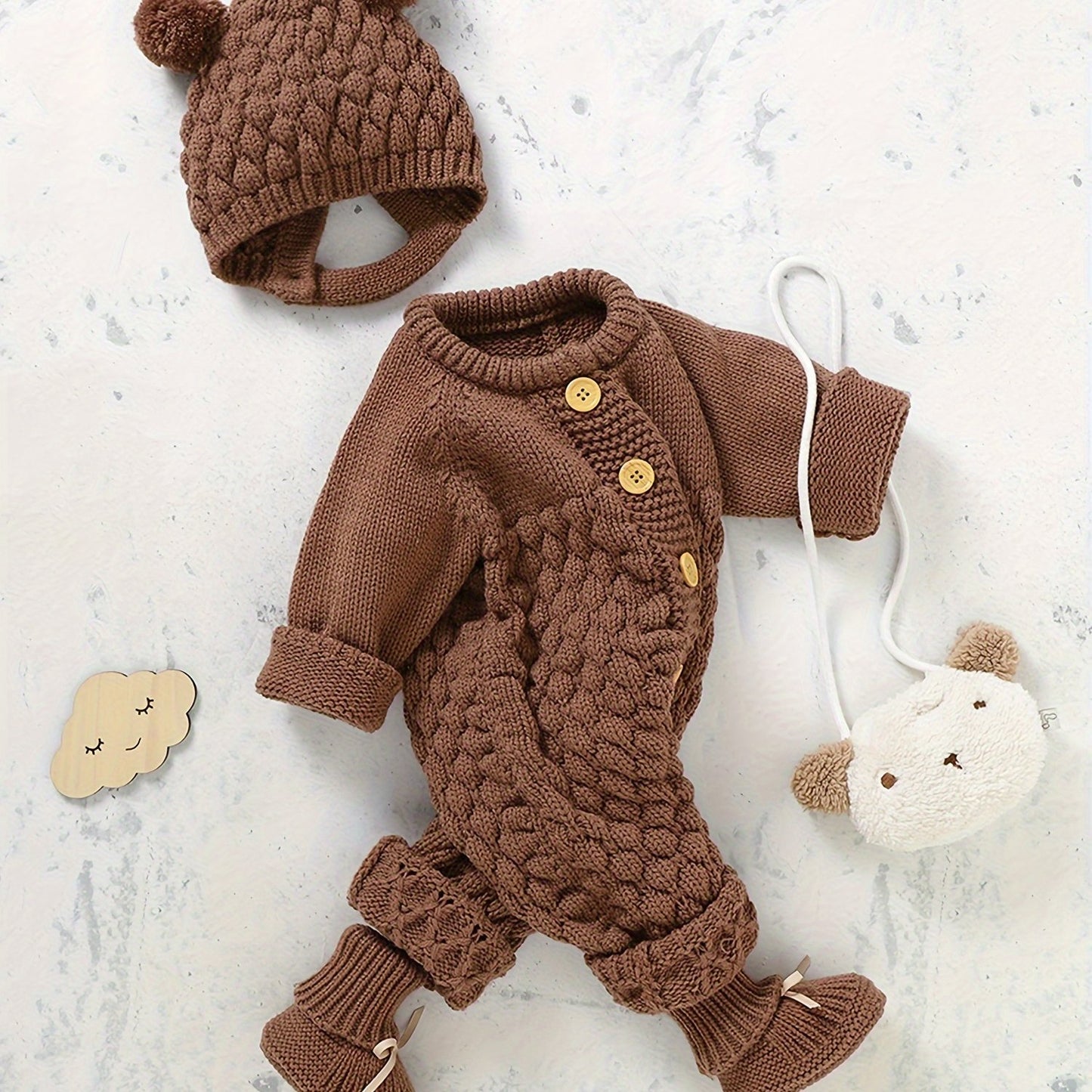 Infant Baby Winter Knit Romper Bear Hat 2pc Set Long Sleeve