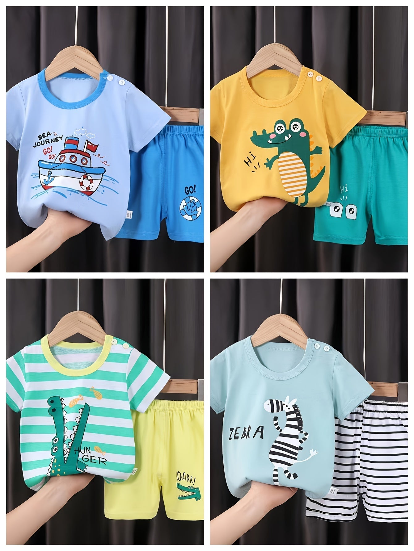 [4Sets Boys Summer Set] 4Sets Lightweight Boys Summer Short Sleeved T-shirt & Short Shorts Crocodile Set | Comfortable Men's and Children's Wear