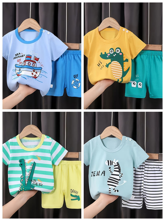 [4Sets Boys Summer Set] 4Sets Lightweight Boys Summer Short Sleeved T-shirt & Short Shorts Crocodile Set | Comfortable Men's and Children's Wear