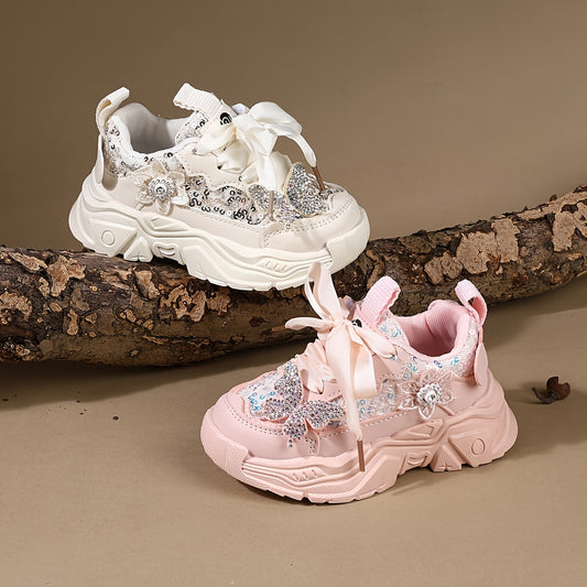 Sparkly Rhinestone Butterfly Bow Girls Sneakers Lightweight Cute Casual Shoes for Play